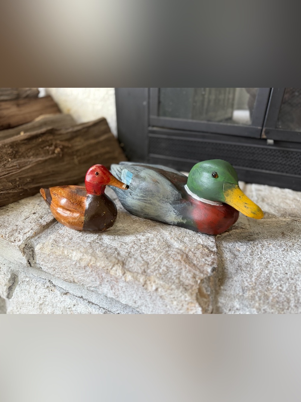Vintage Hand Carved Wooden Duck Decoys Pair - Rustic Folk Art/Rustic Cabin Decor
